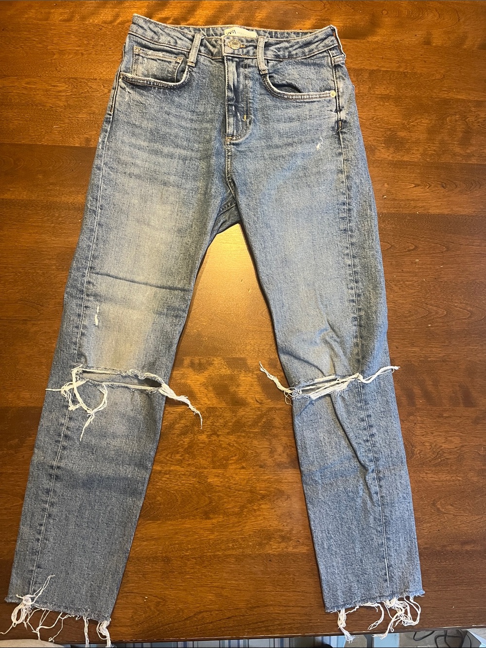 Zara Slim Straight Light Wash Distressed Jeans